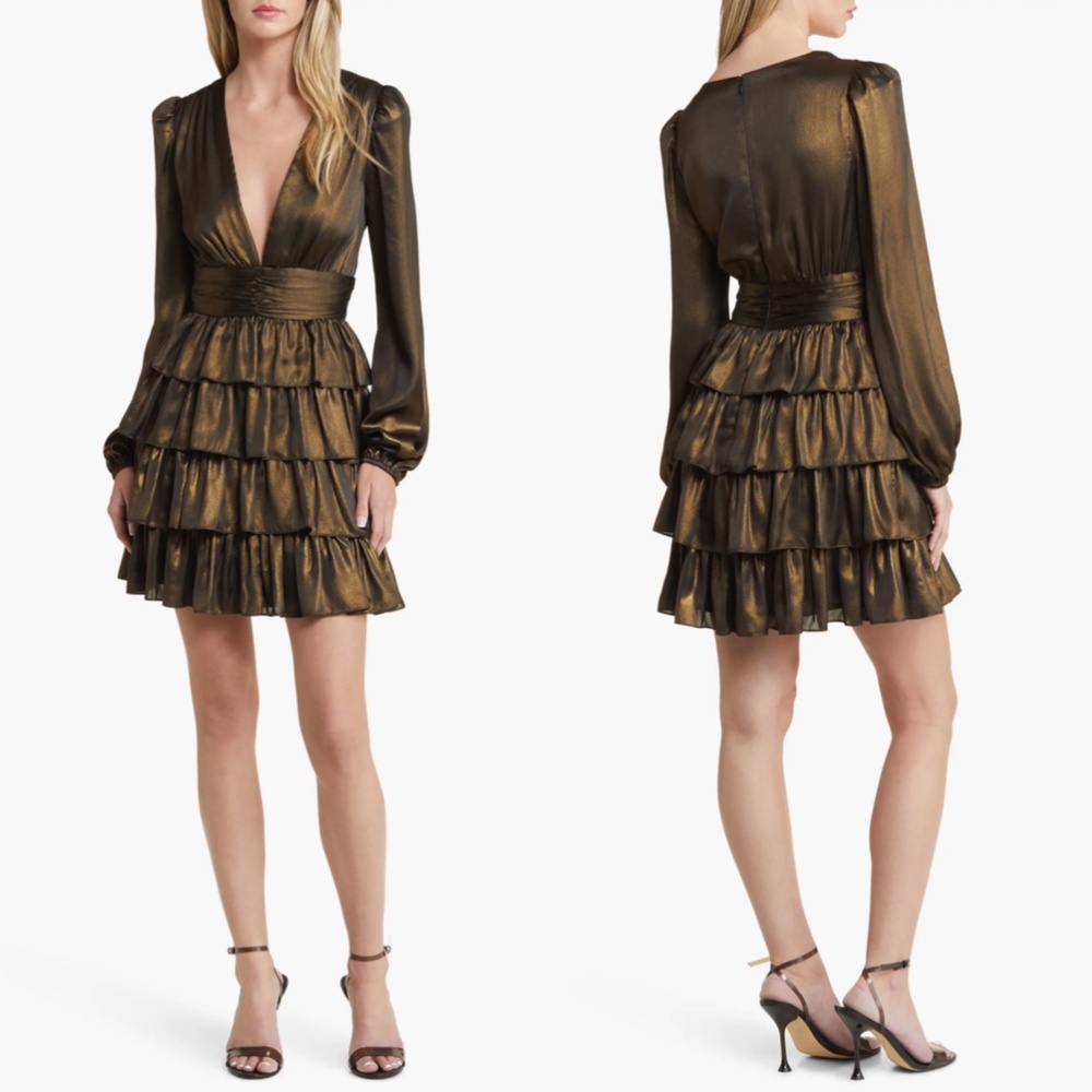 NEW CHARLES HENRY Brass METALLIC Plunge Neck TIERED Long Sleeve MINI DRESS S